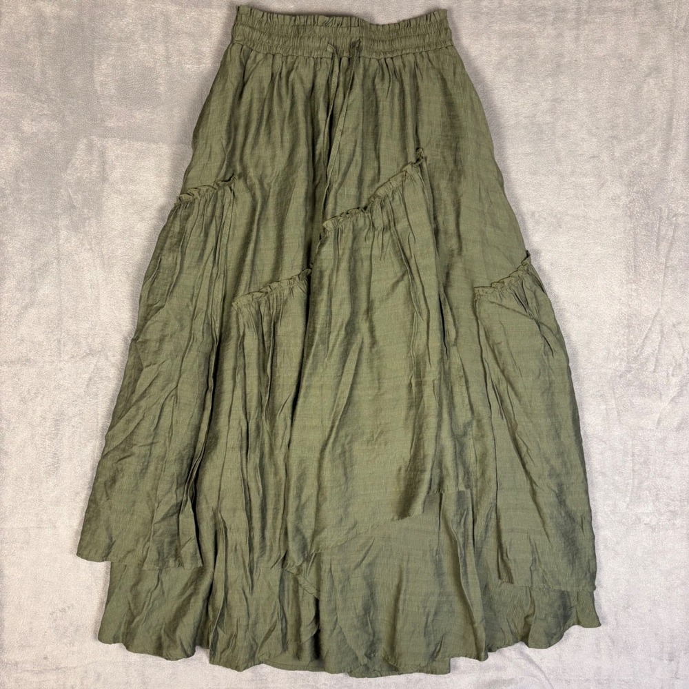 Scarlet Darkness Olive Green Tiered Gothic Pirate Midi Skirt with Pockets Small